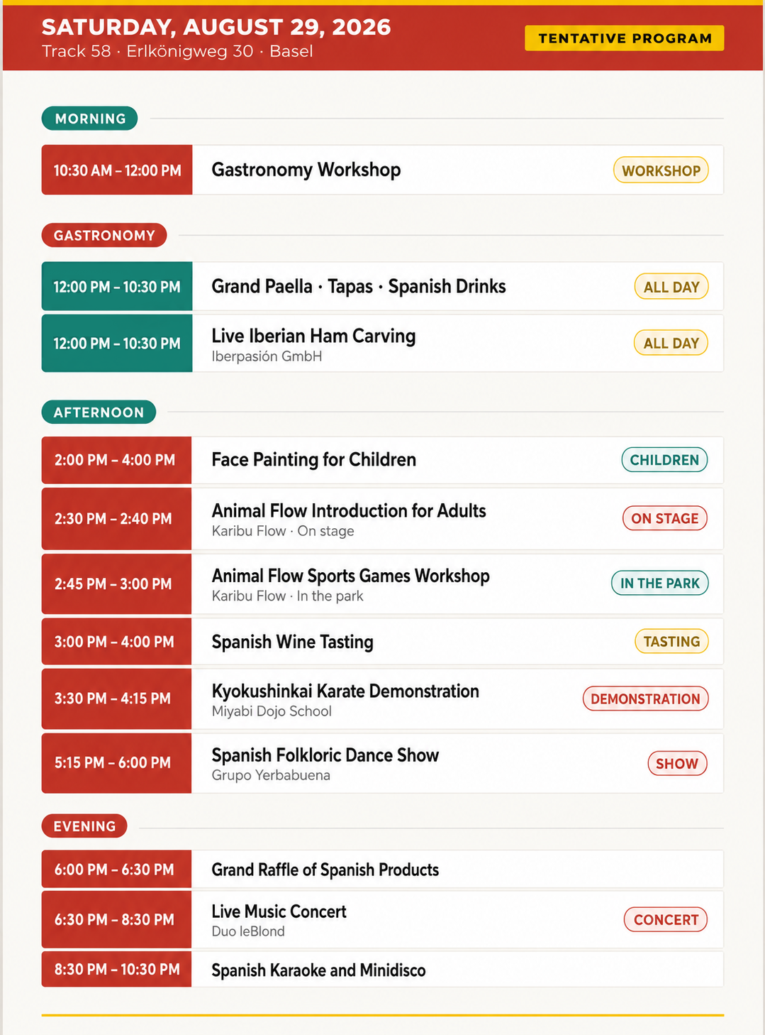 Party program with all the details and timing for the Spanish party 2026 edition.