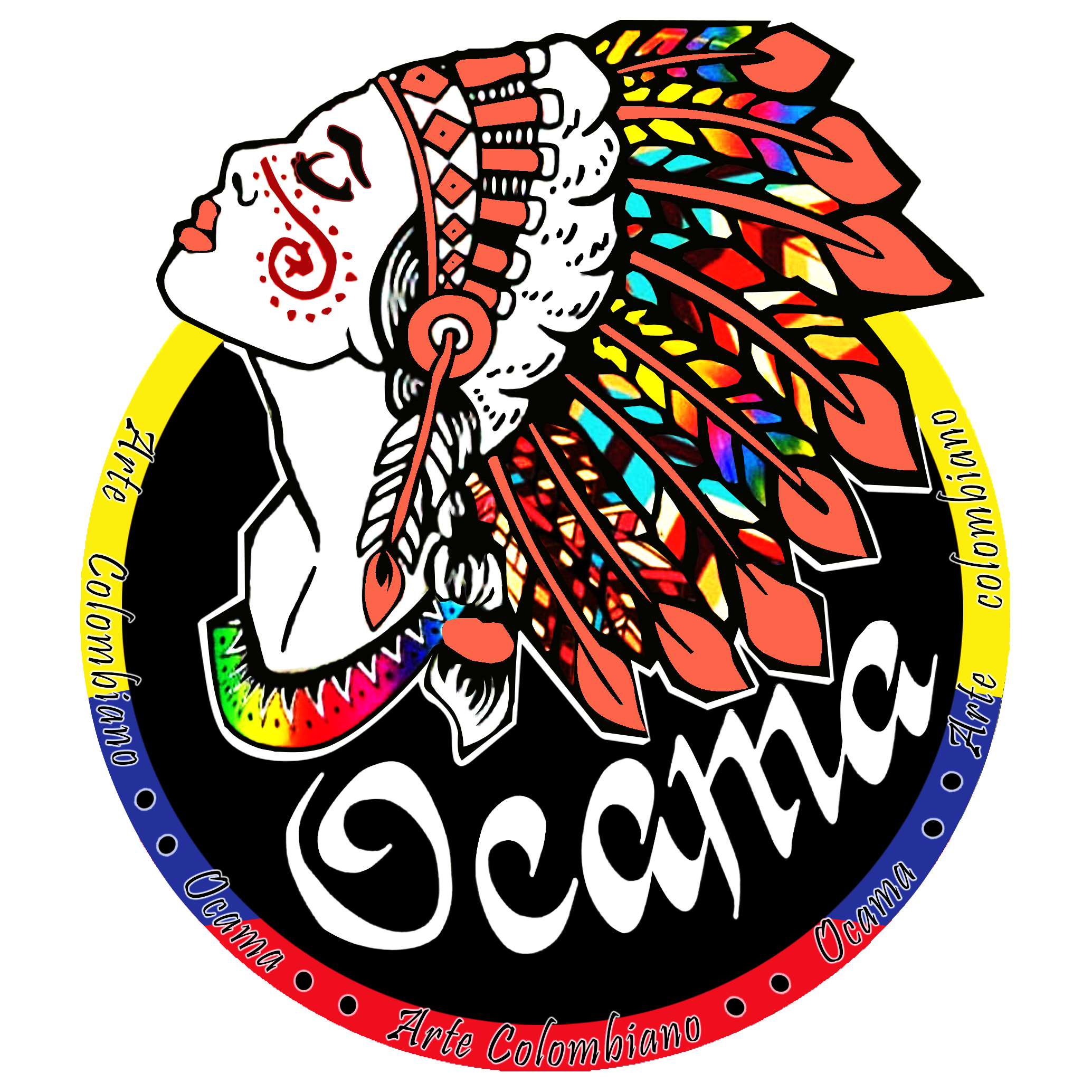 Logo of Ocama featuring a colorful native woman with feathers in her headdress and artistic designs.