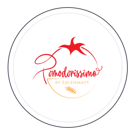 Logo of Pomodorissimo by Erlenmatt featuring a stylized red tomato and elegant text.