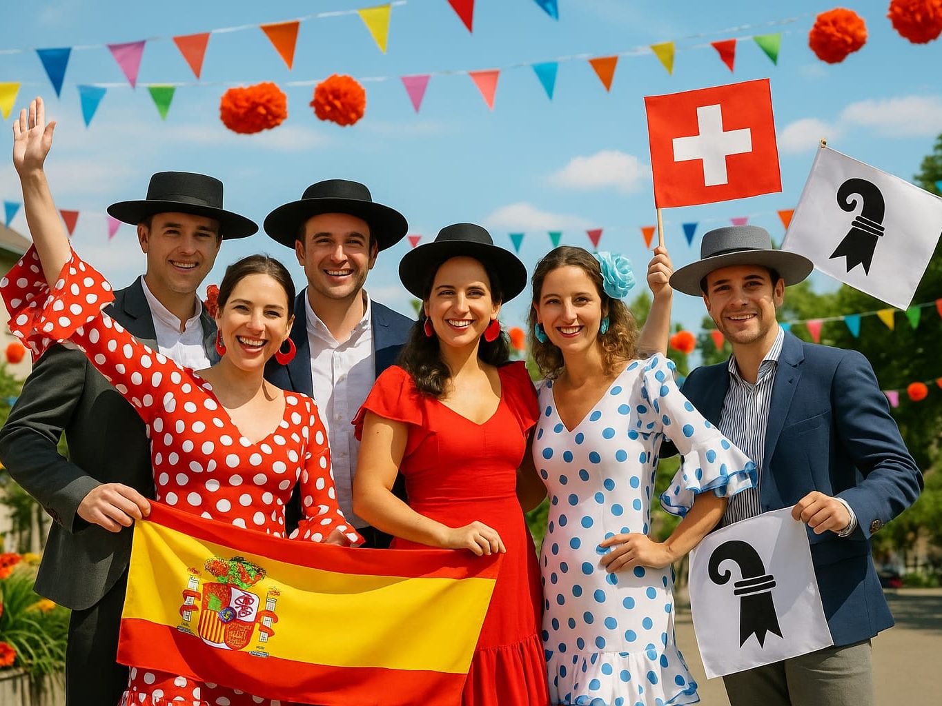 Group of six people celebrating with flags, wearing traditional Spanish attire, and surrounded by colorful decorations at a festive event.