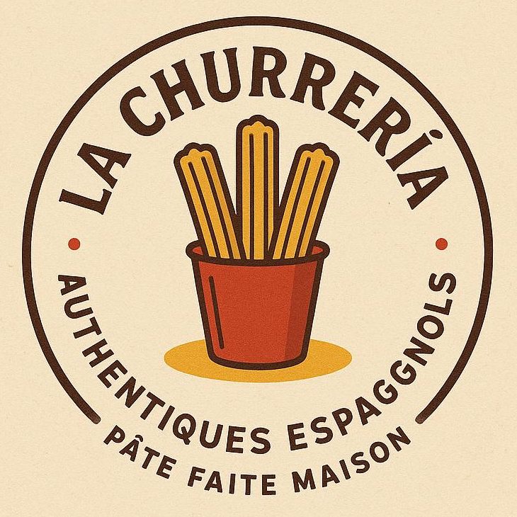 Logo of 'La Churrería' featuring a bucket filled with churros, with text reading 'Authentiques Espagnols Pâte Faite Maison'.