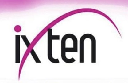 Logo of IXTEN, featuring a stylized design with the text 'ix ten' in black and a pink arc above it.