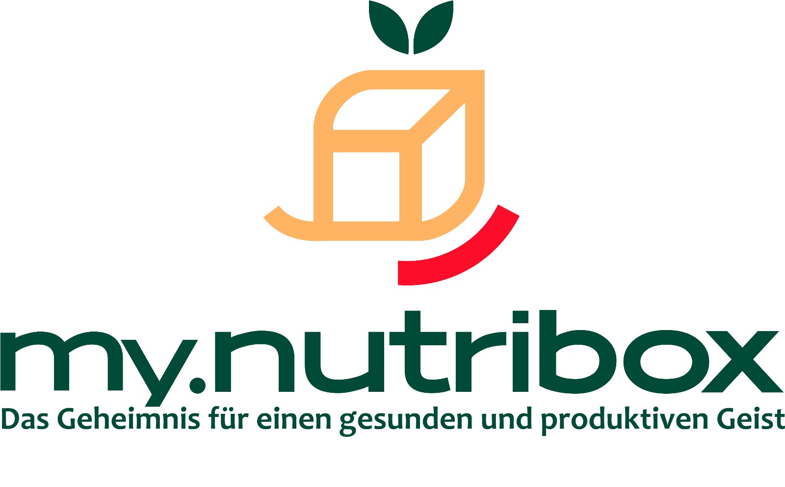Logo of 'my.nutriBox' with an orange cube and green leaf, featuring the tagline 'Das Geheimnis für einen gesunden und produktiven Geist'.