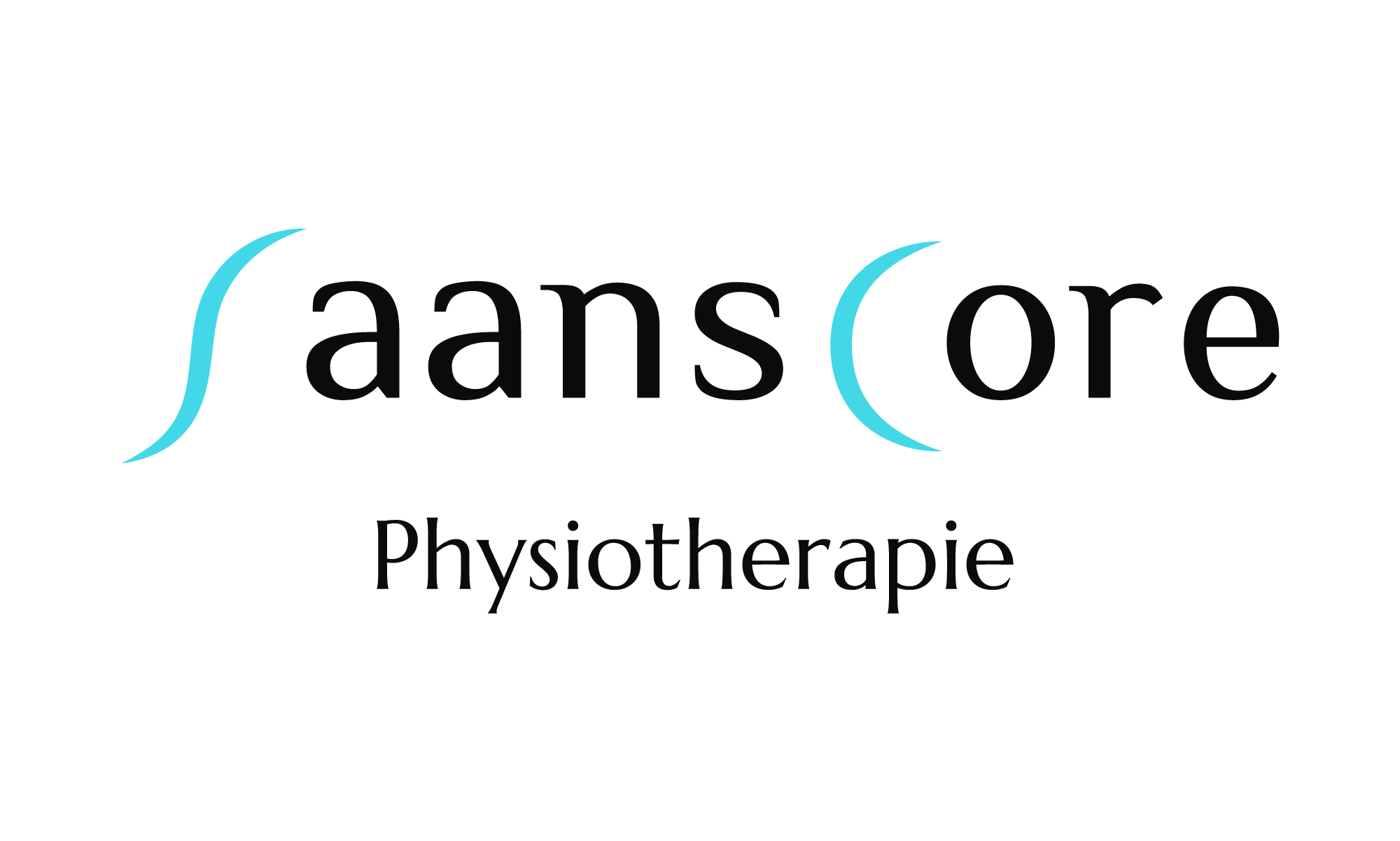Logo of Saanscore Physiotherapie with stylized text in black and turquoise colors.